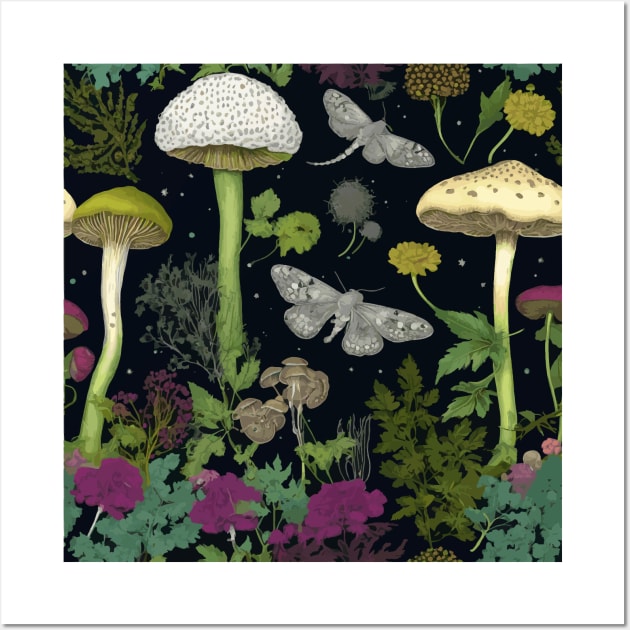 Mystery Night Garden with Mushrooms Moths and Hemlock Wall Art by bragova